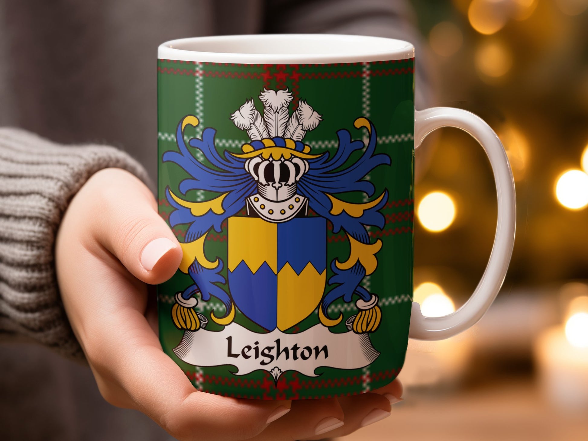 Leighton Coat of Arms on Welsh Tartan Background Mug - Living Stone Gifts