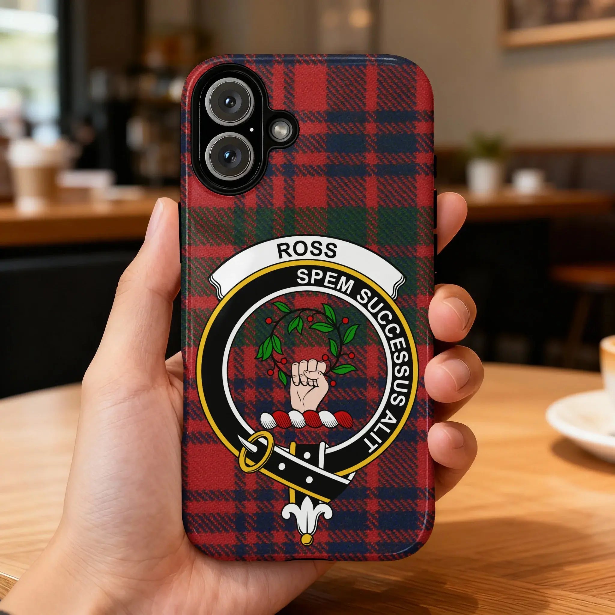 Clan Ross tartan phone case — glossy edge-to-edge crest print, iPhone shown