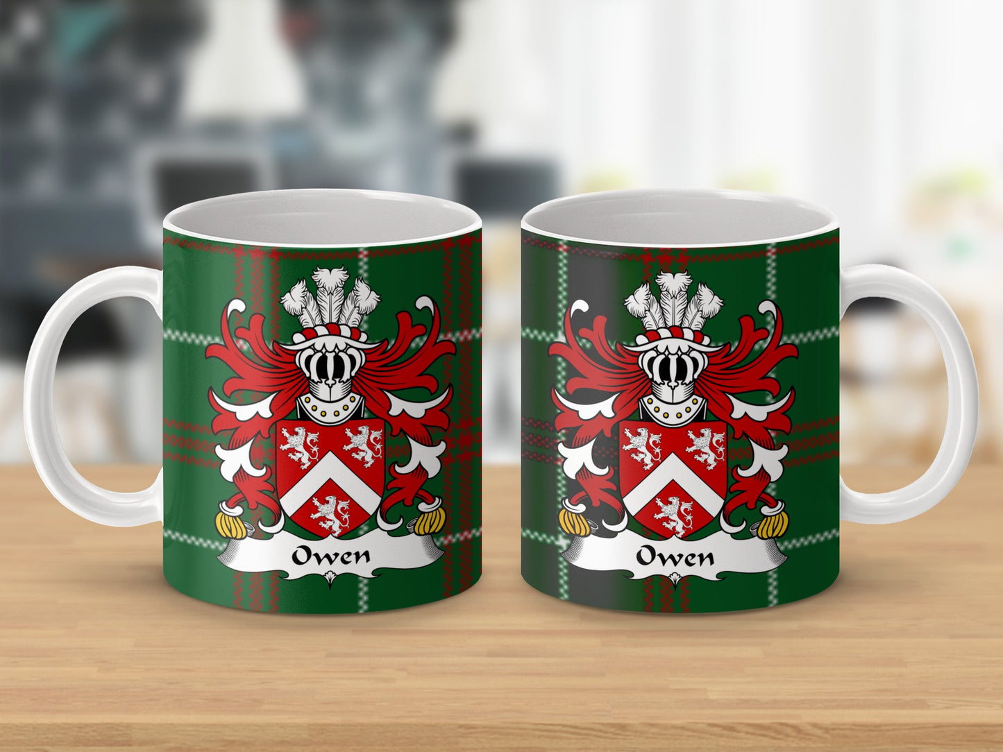 Owen Welsh Crest on National Tartan Background Mug - Living Stone Gifts