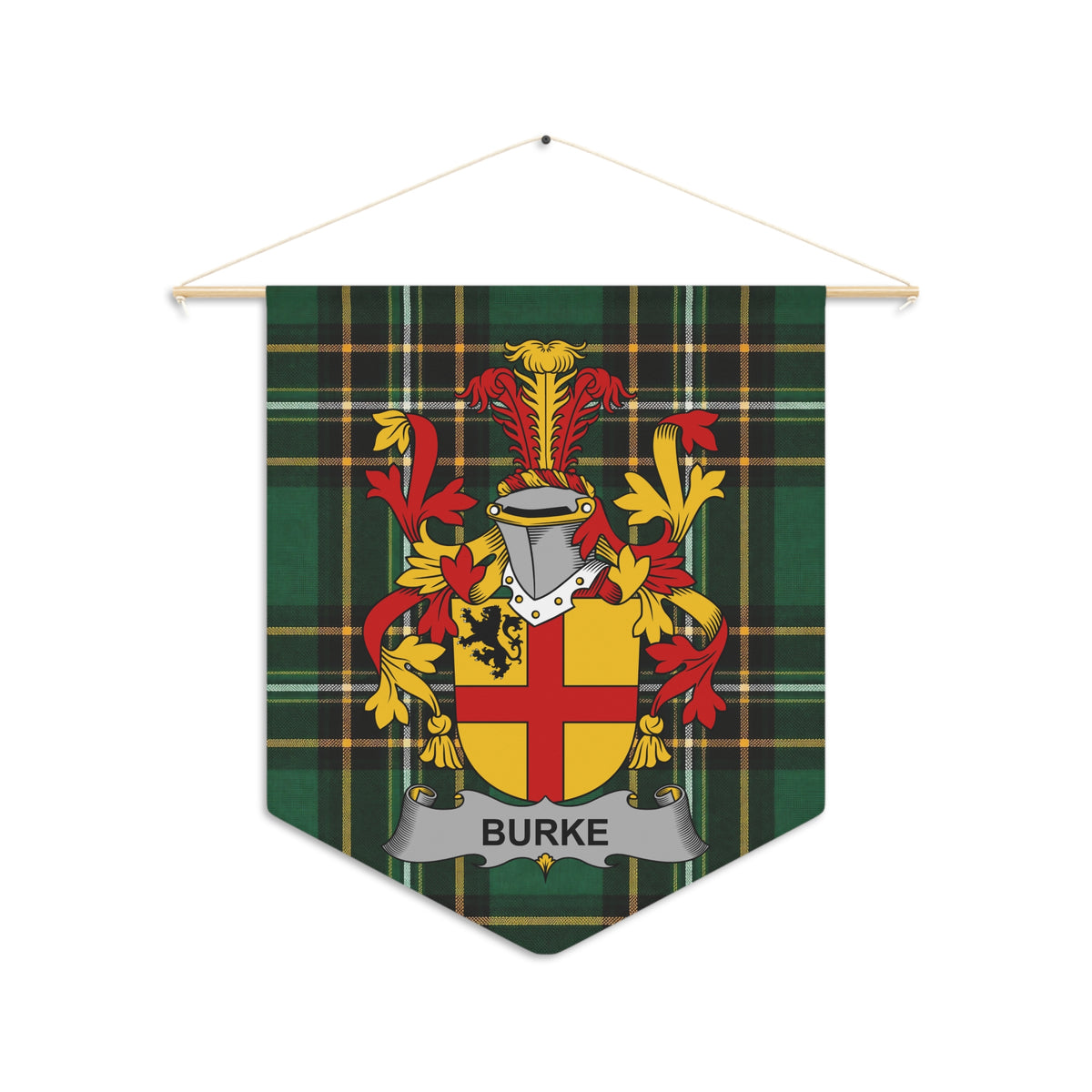 Burke surname emblem on a green plaid pennant banner hanging from a wooden dowel.