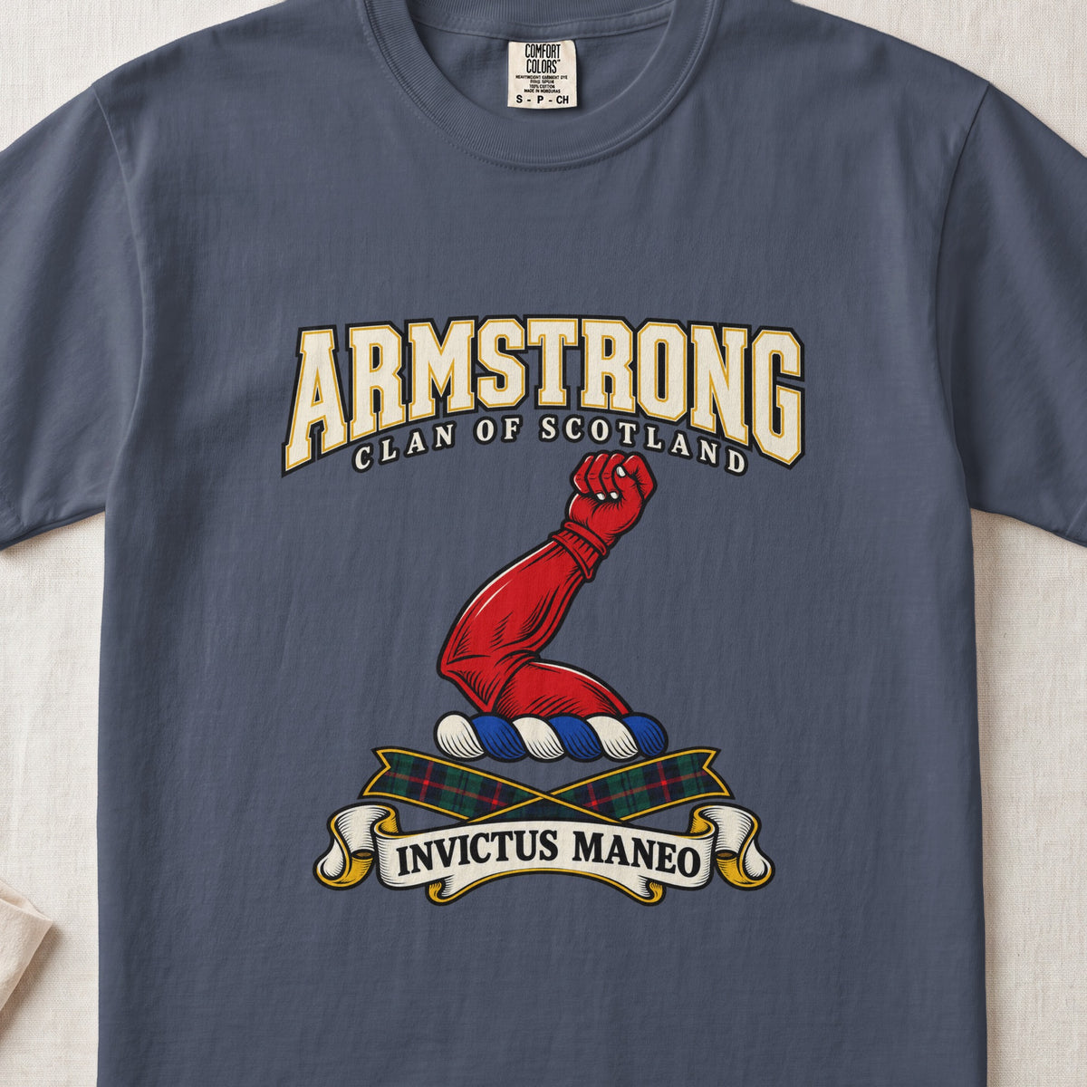 Armstrong Scottish clan graphic T-shirt in Midnight, front view