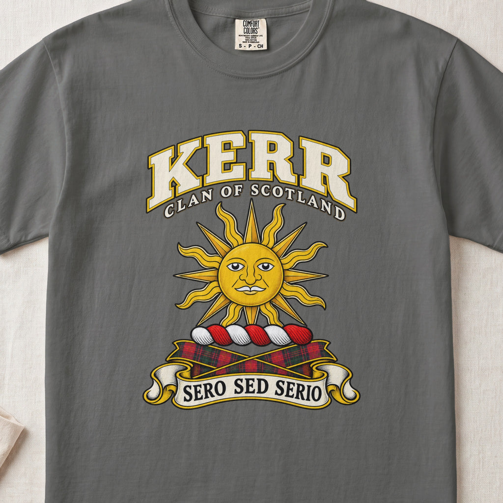 Kerr Scottish clan T-shirt in Pepper, front view with a golden sun with a face and motto banner.