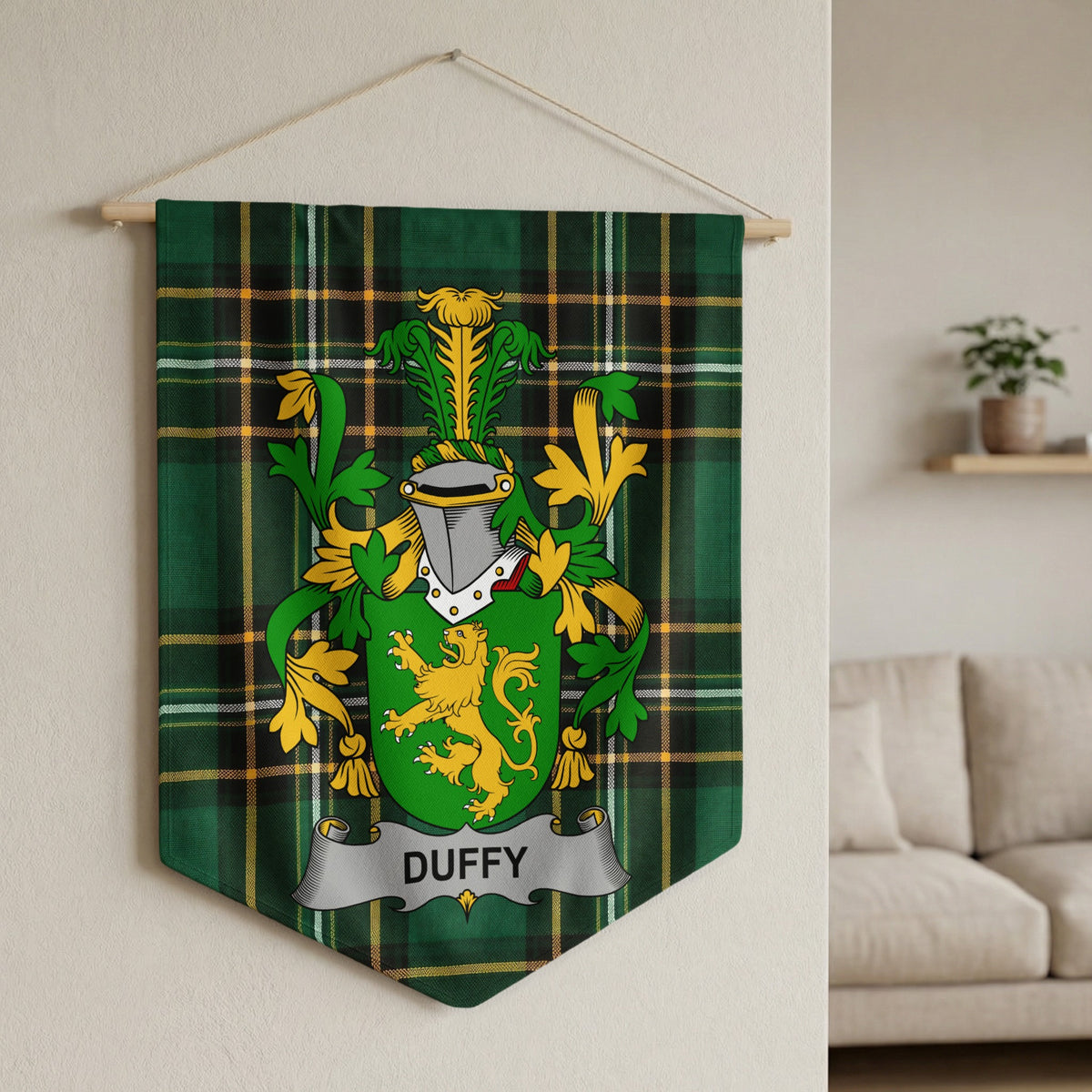 Duffy family crest banner with green tartan background and a lion rampant.