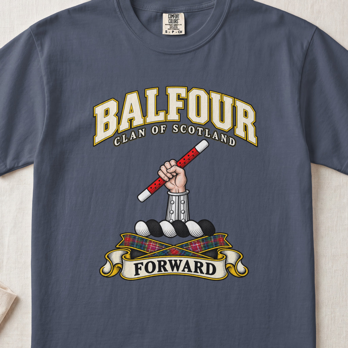 Balfour Scottish clan T-shirt in Midnight, front view with an armoured hand holding a red-and-white baton and motto design.
