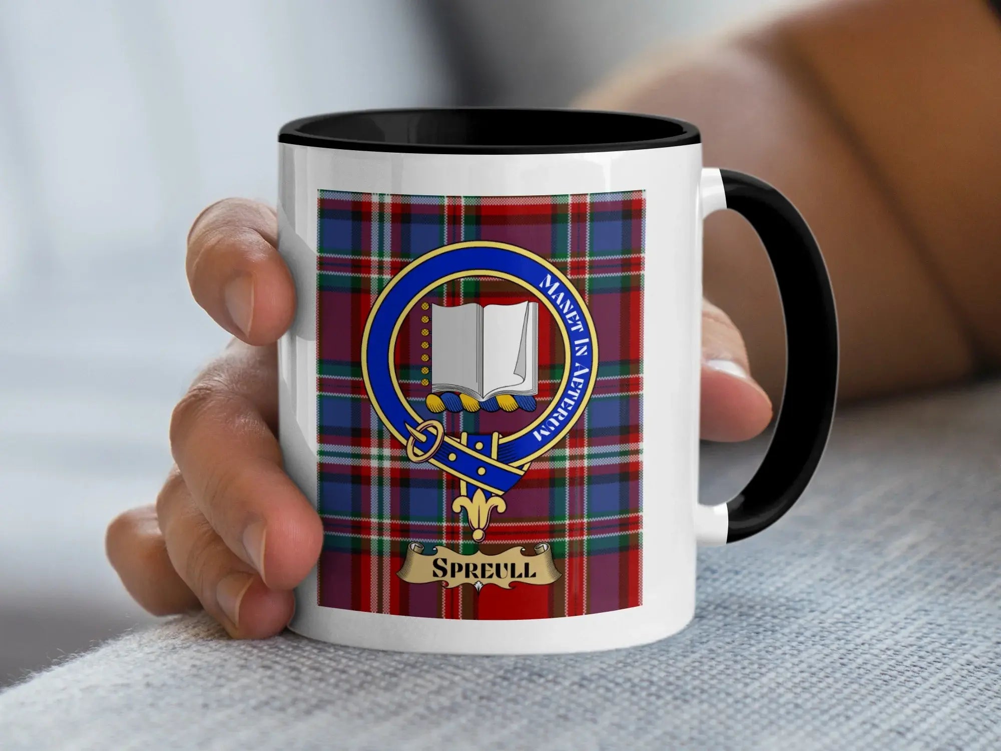 Spreull tartan mug with a coloured accent handle and interior