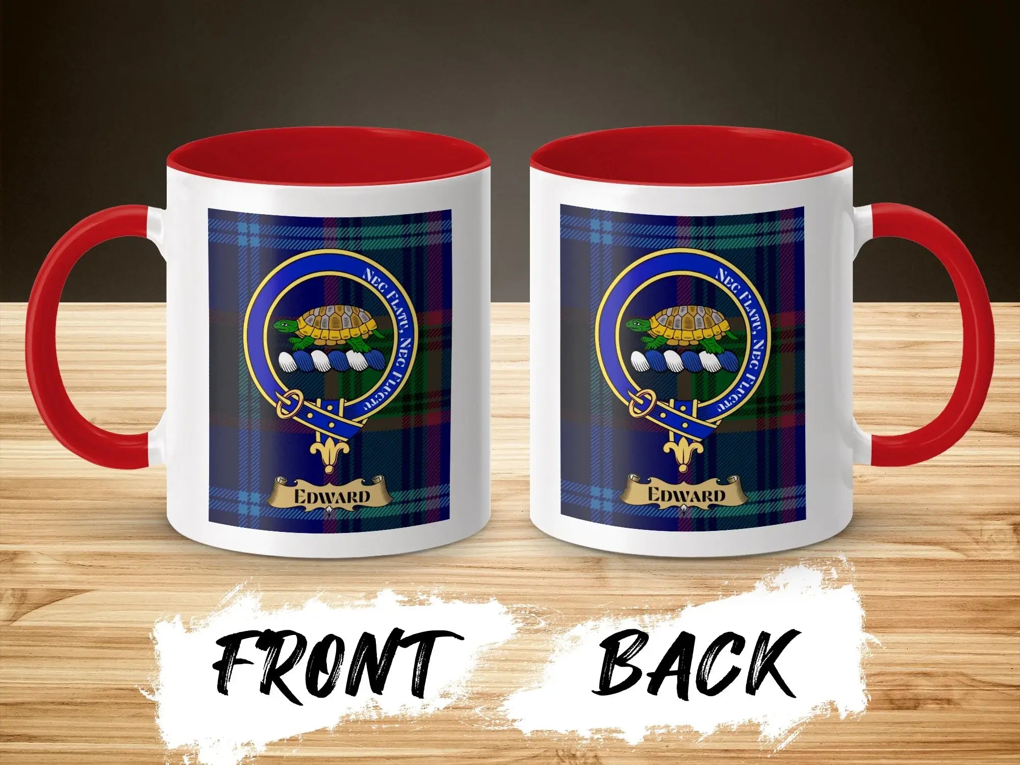 Edward tartan-background crest mug shown as a Scottish heritage gift