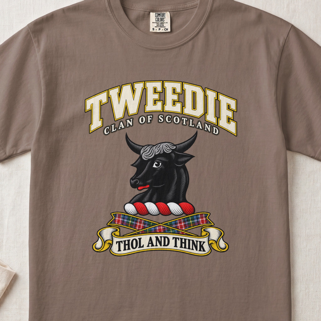 Tweedie Scottish clan T-shirt in Espresso, front view with a black bull head and motto design.