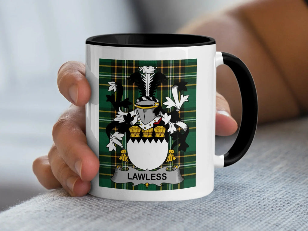 Lawless Irish family crest black accent mug