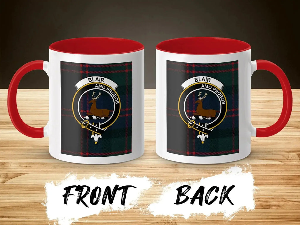 Blair tartan accent mug with red handle — clan crest and Amo Probos design, 11oz glossy ceramic