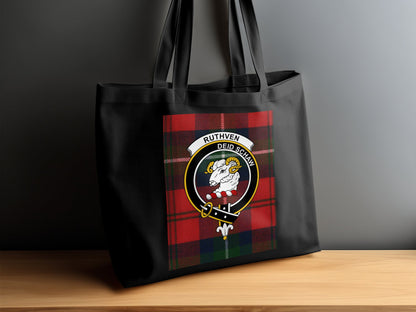 Vibrant Scottish Clan Crest on Tartan Background Tote Bag - Living Stone Gifts