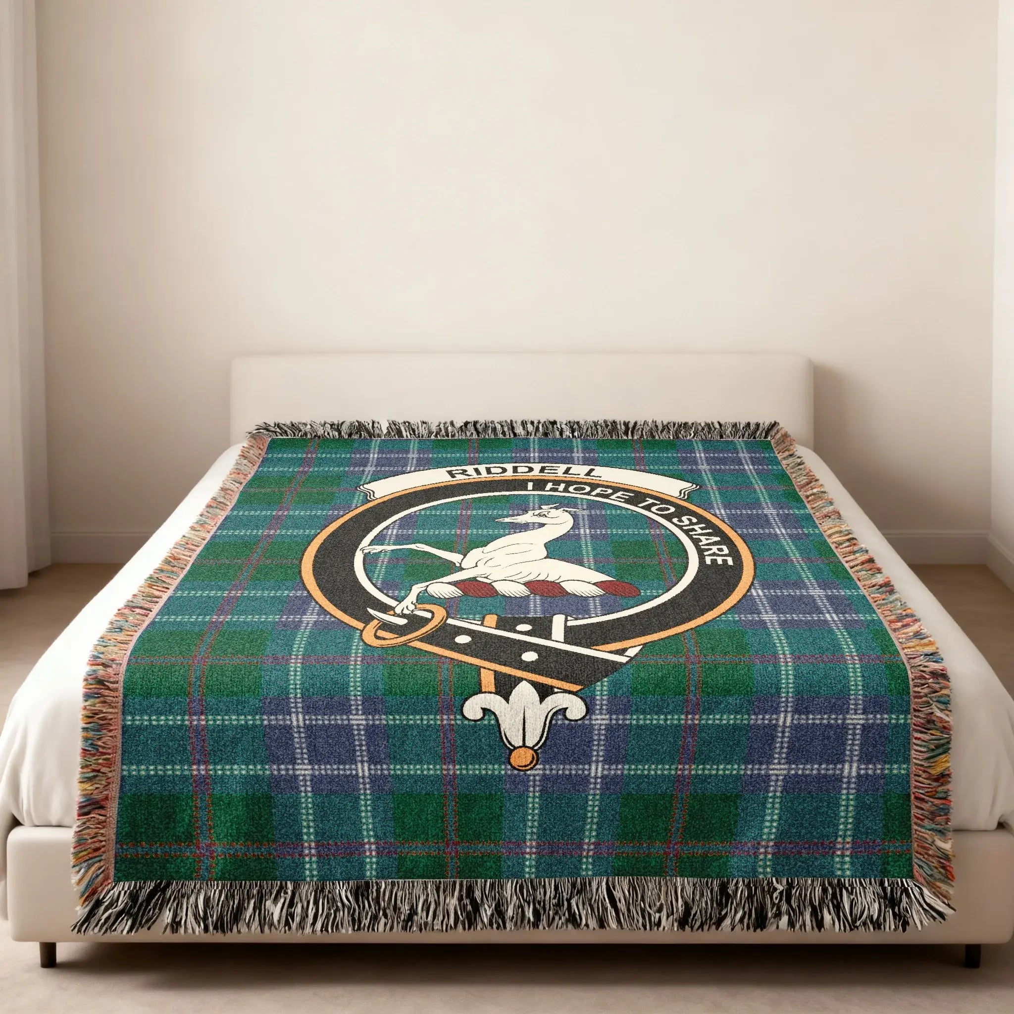 Clan Riddell Hope to Share tartan plaid woven blanket — crest and pattern woven in