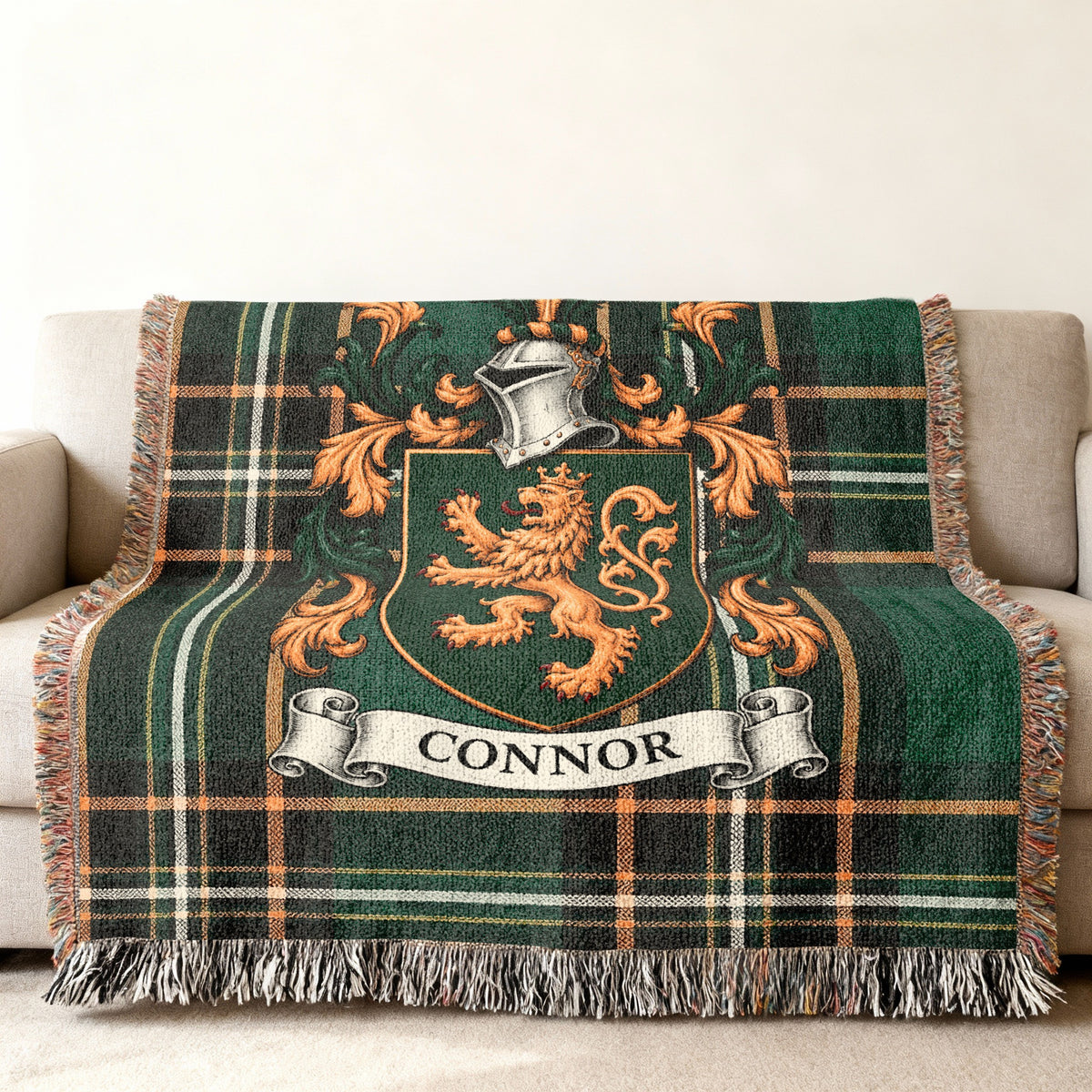 Connor family crest on Irish National Tartan woven blanket, detailed heritage design
