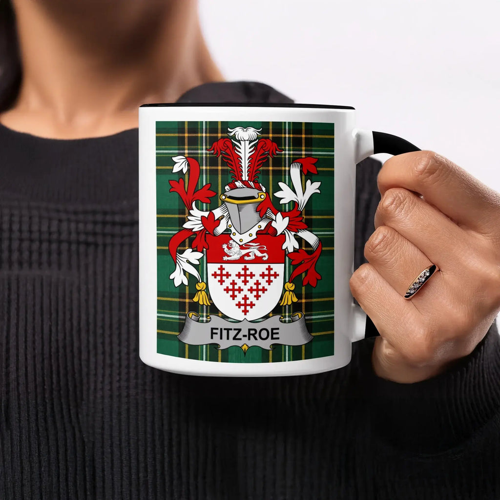 Mug featuring the Fitz-Roe family crest on a tartan background.