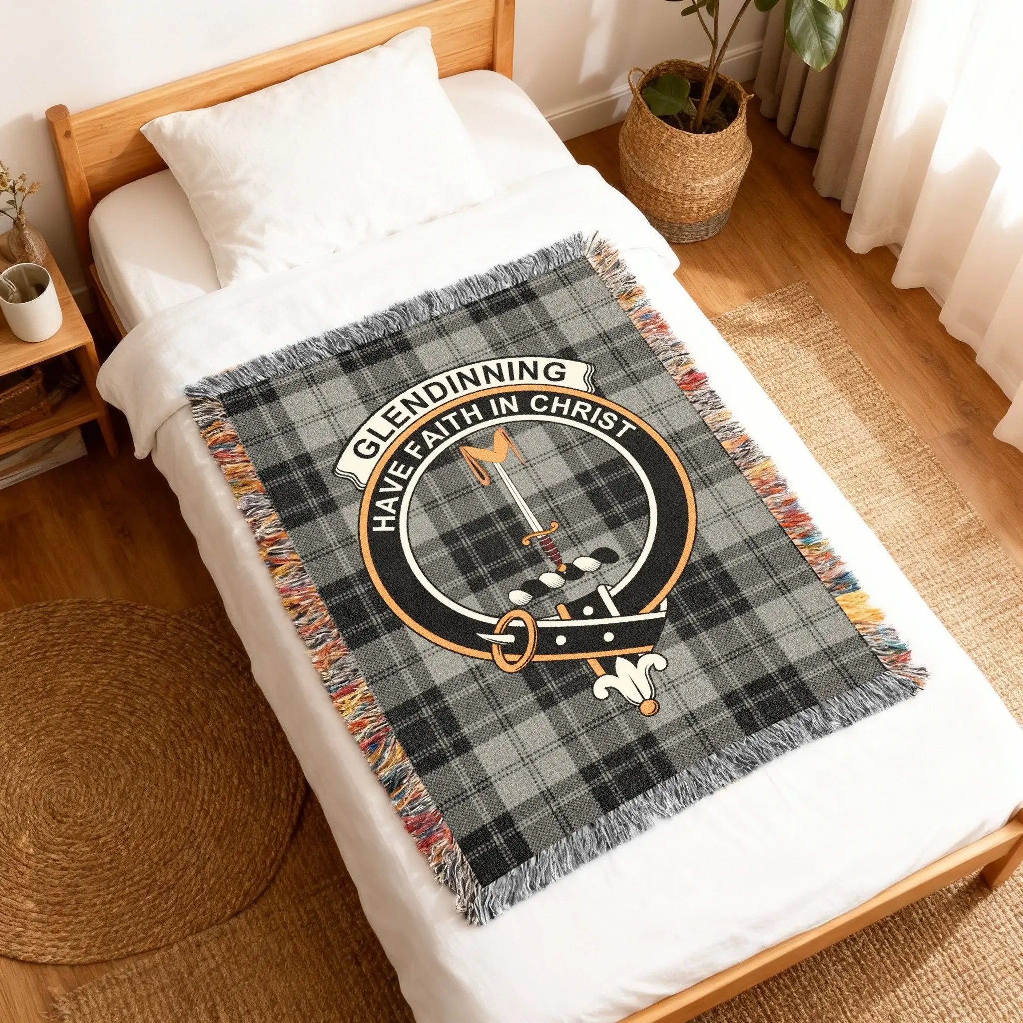 Glendinning clan crest woven blanket — tartan and crest detail on 100% cotton throw