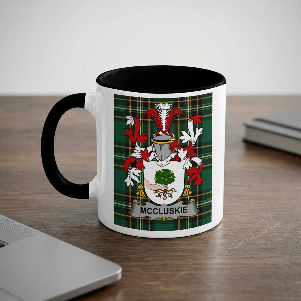 McCluskie Irish heritage mug with black handle and family crest