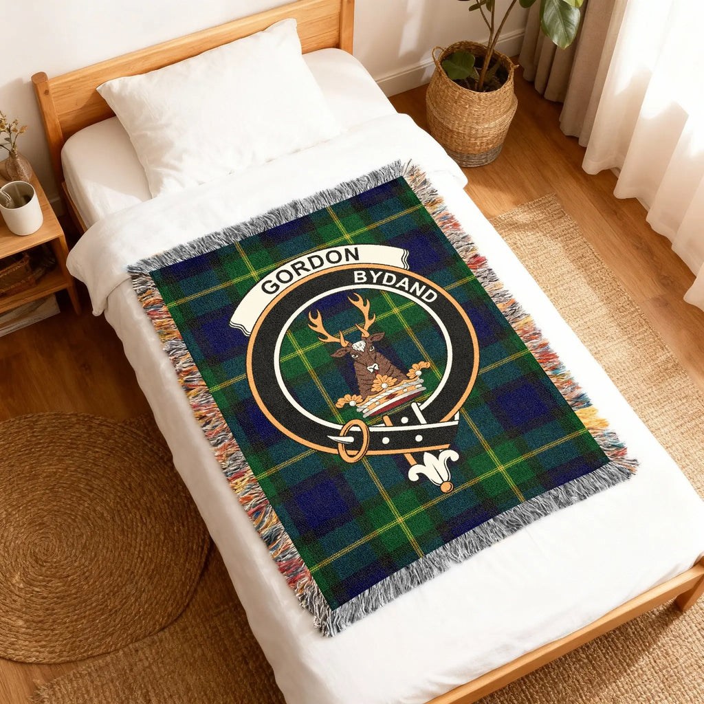 Gordon clan crest woven blanket with stag motif — 60x50 inch Scottish tartan heirloom blanket