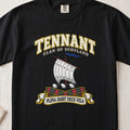 Tennant Scottish clan T-shirt in Black, front view with a white sail and blue pennant and motto design.