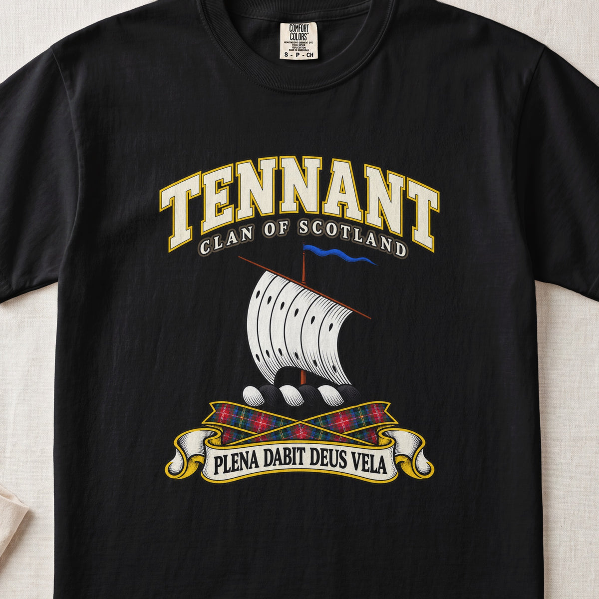 Tennant Scottish clan T-shirt in Black, front view with a white sail and blue pennant and motto design.