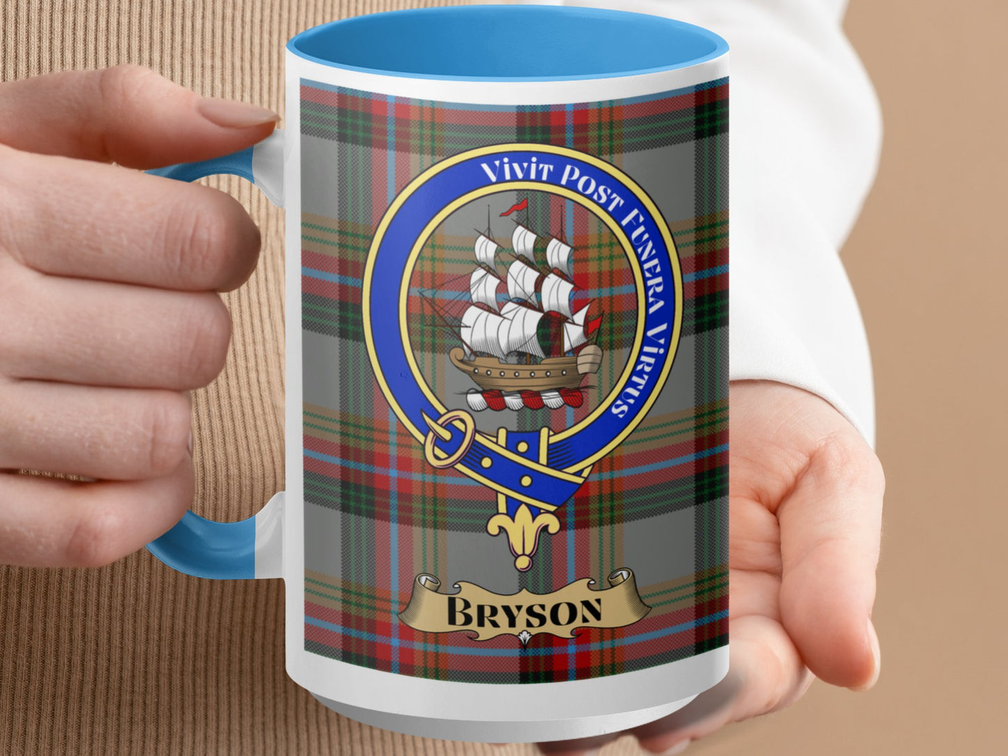 Bryson Family Crest Plaid Background Personalized Mug - Living Stone Gifts