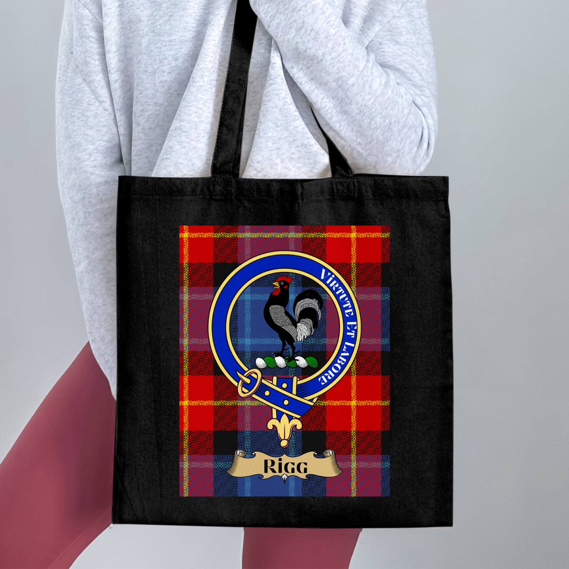 Scottish Clan Crest on Tartan Background Rigg Tote Bag - Living Stone Gifts