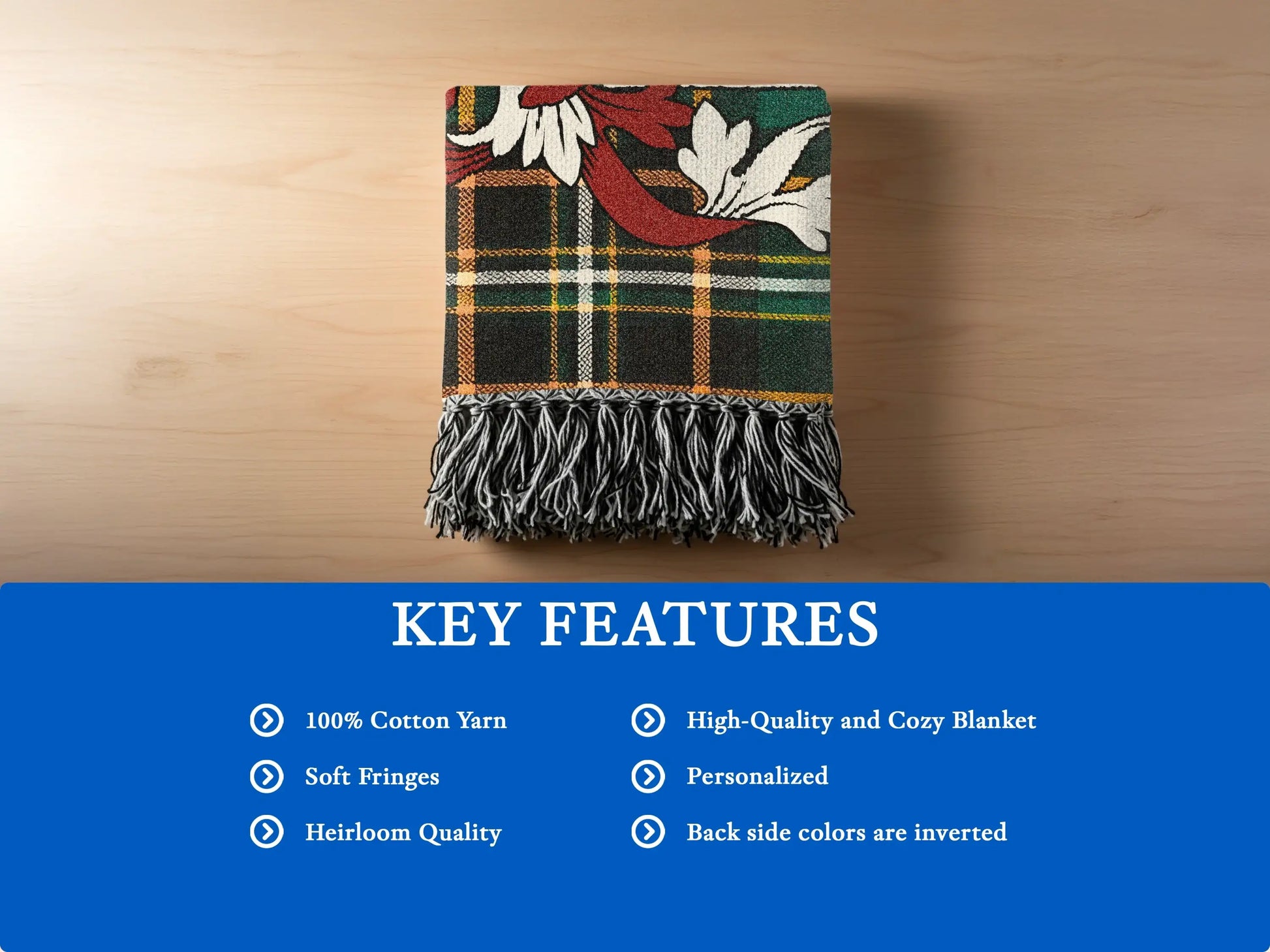 Plaid blanket with fringe, featuring key features text overlay.