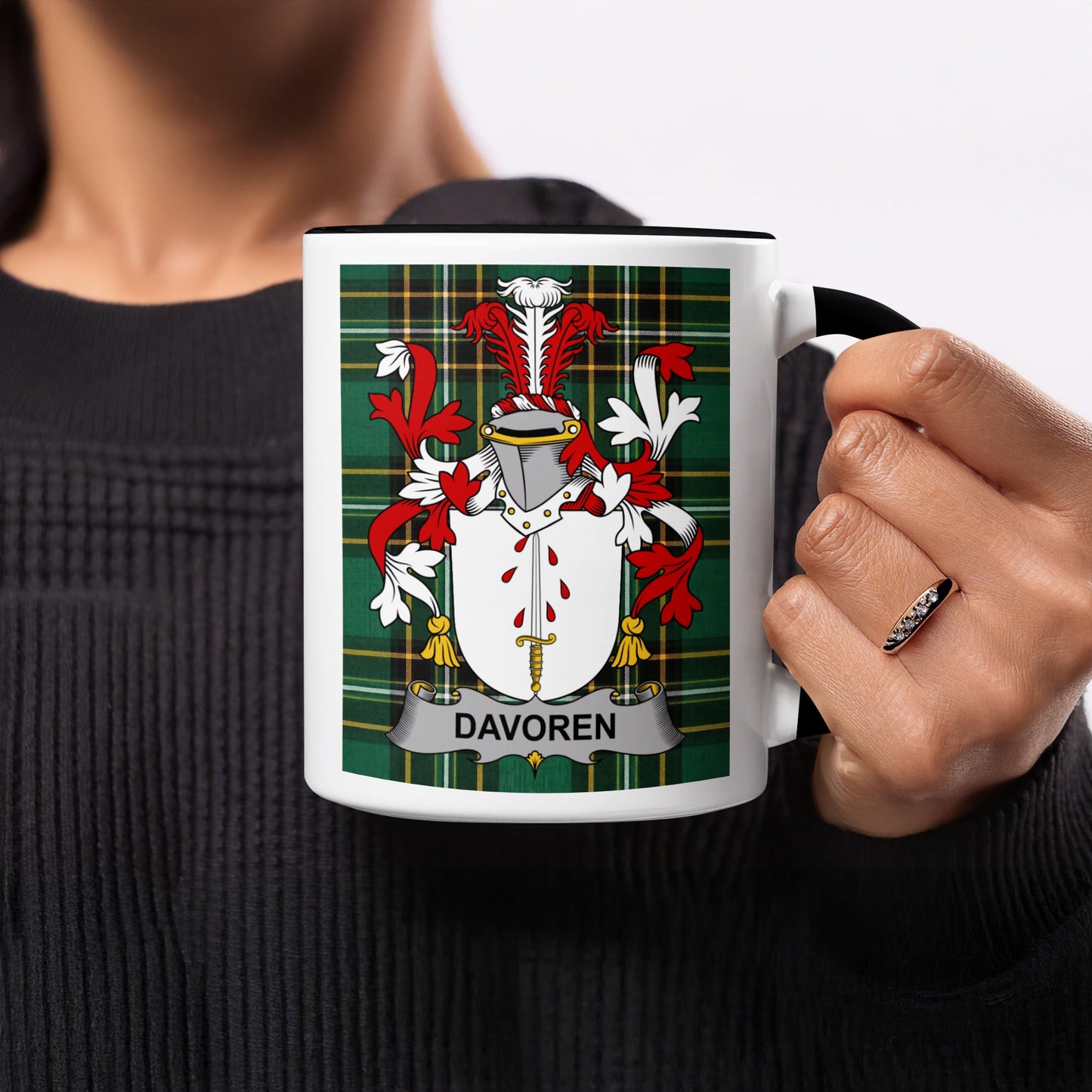 Mug with Davoren crest on a green plaid background.