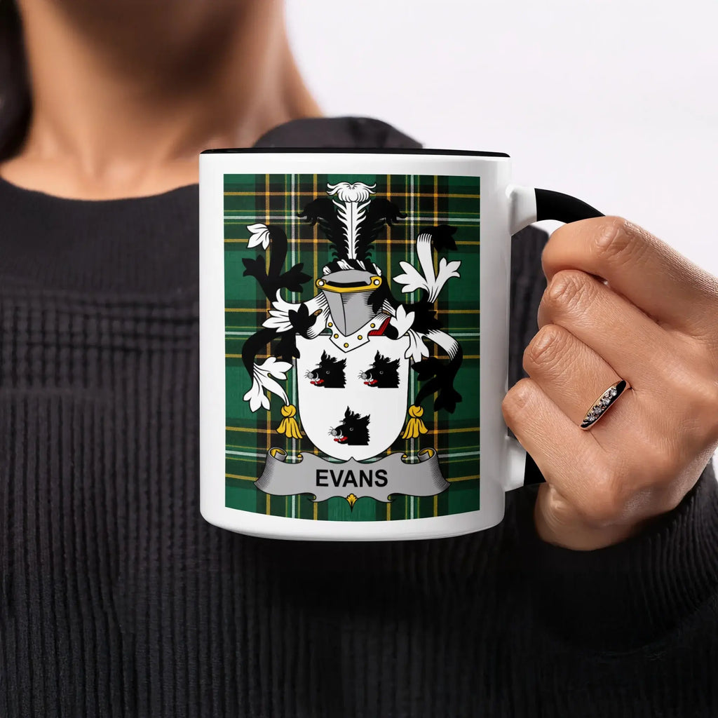 Mug with green tartan pattern and the surname Evans in a coat of arms.