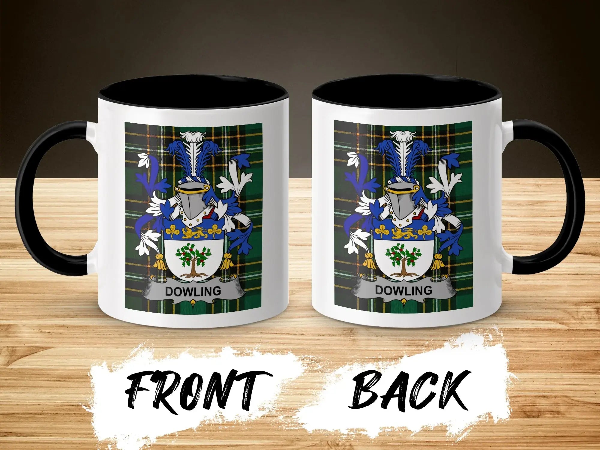 Two mugs with the Dowling family crest on a wooden surface.