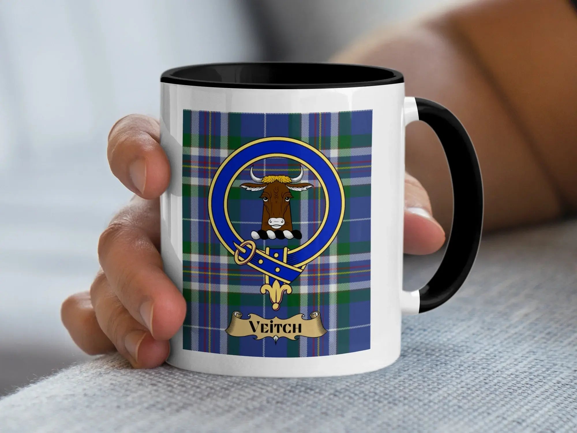 Veitch tartan mug with a coloured accent handle and interior