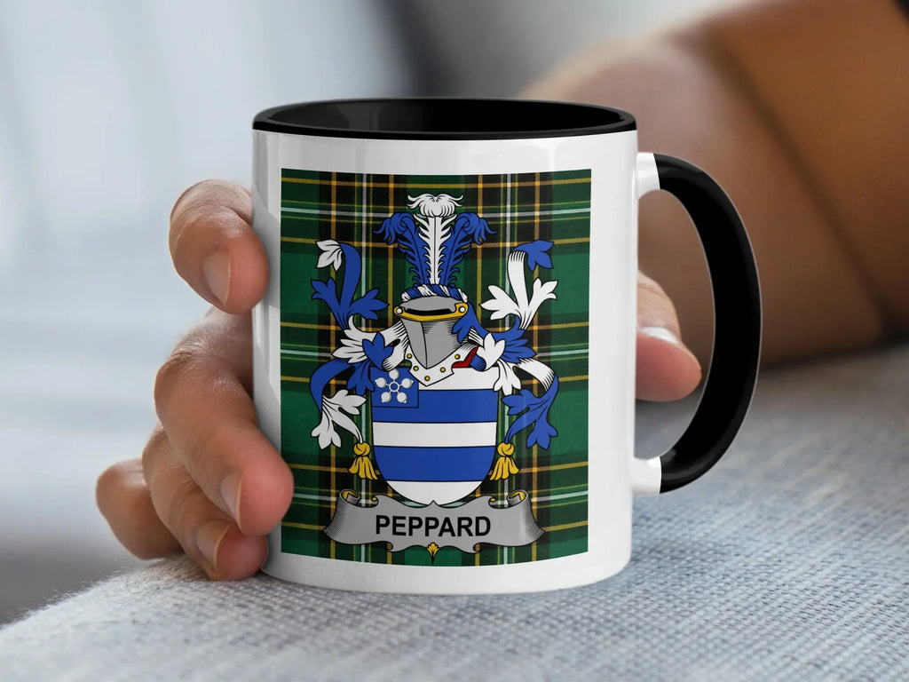 Peppard Irish family crest black accent mug on Irish National Tartan