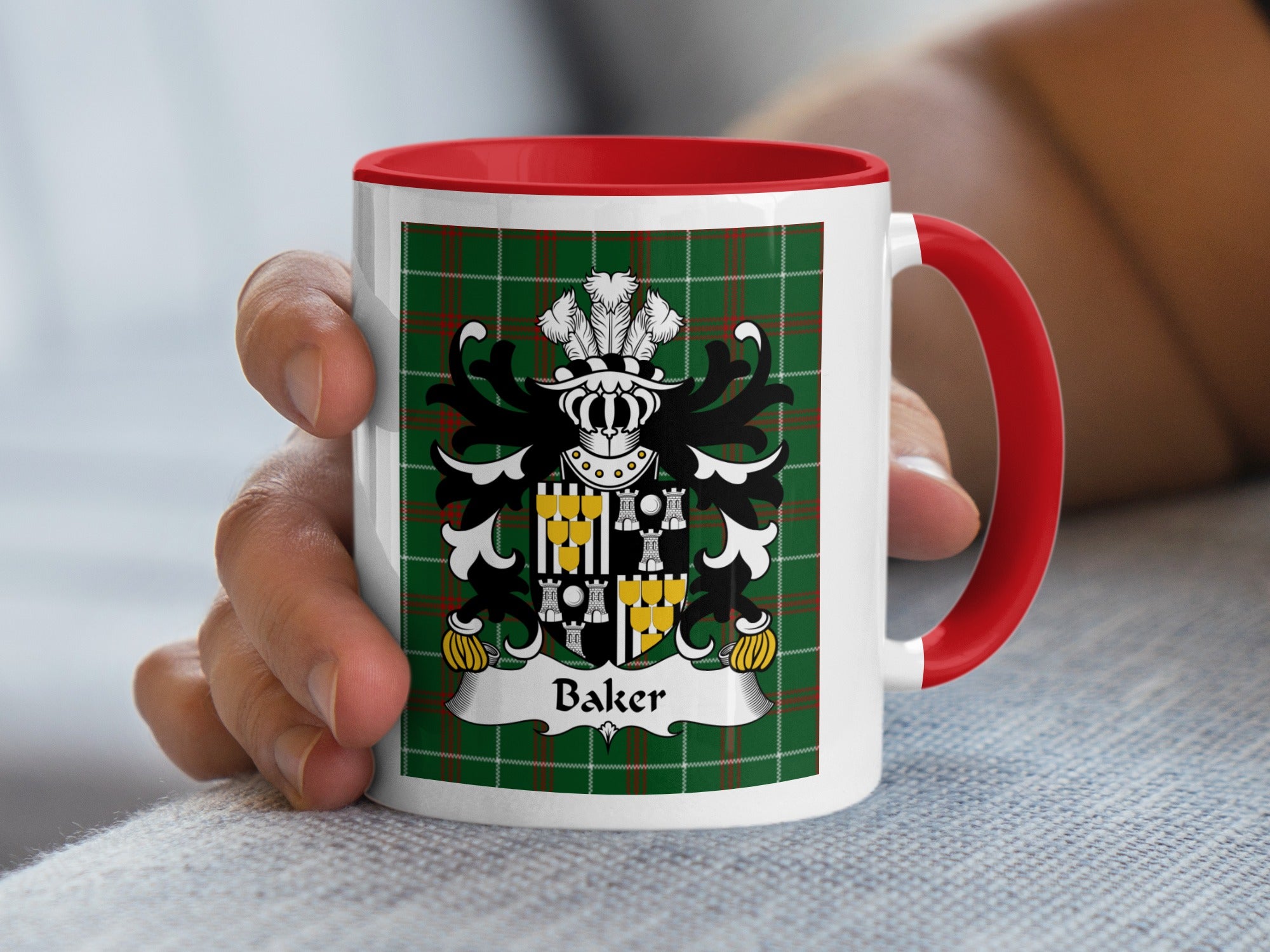 Baker Welsh family crest mug on Welsh National Tartan