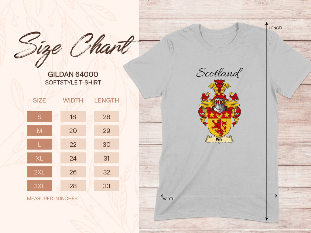 Gildan 64000 size chart for the Fife unisex T-shirt, sizes S to 3XL