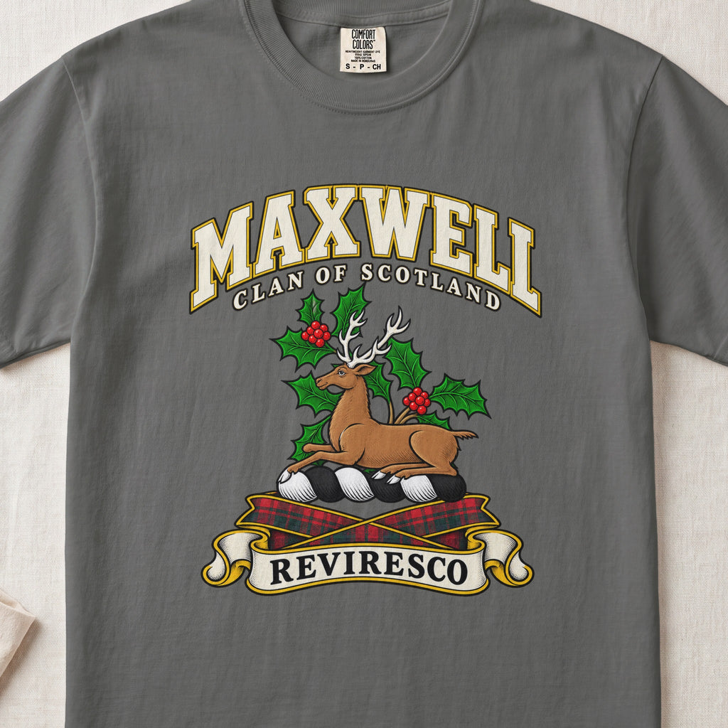 Maxwell Scottish clan T-shirt in Pepper, front view with a resting stag surrounded by holly leaves and red berries and motto banner.