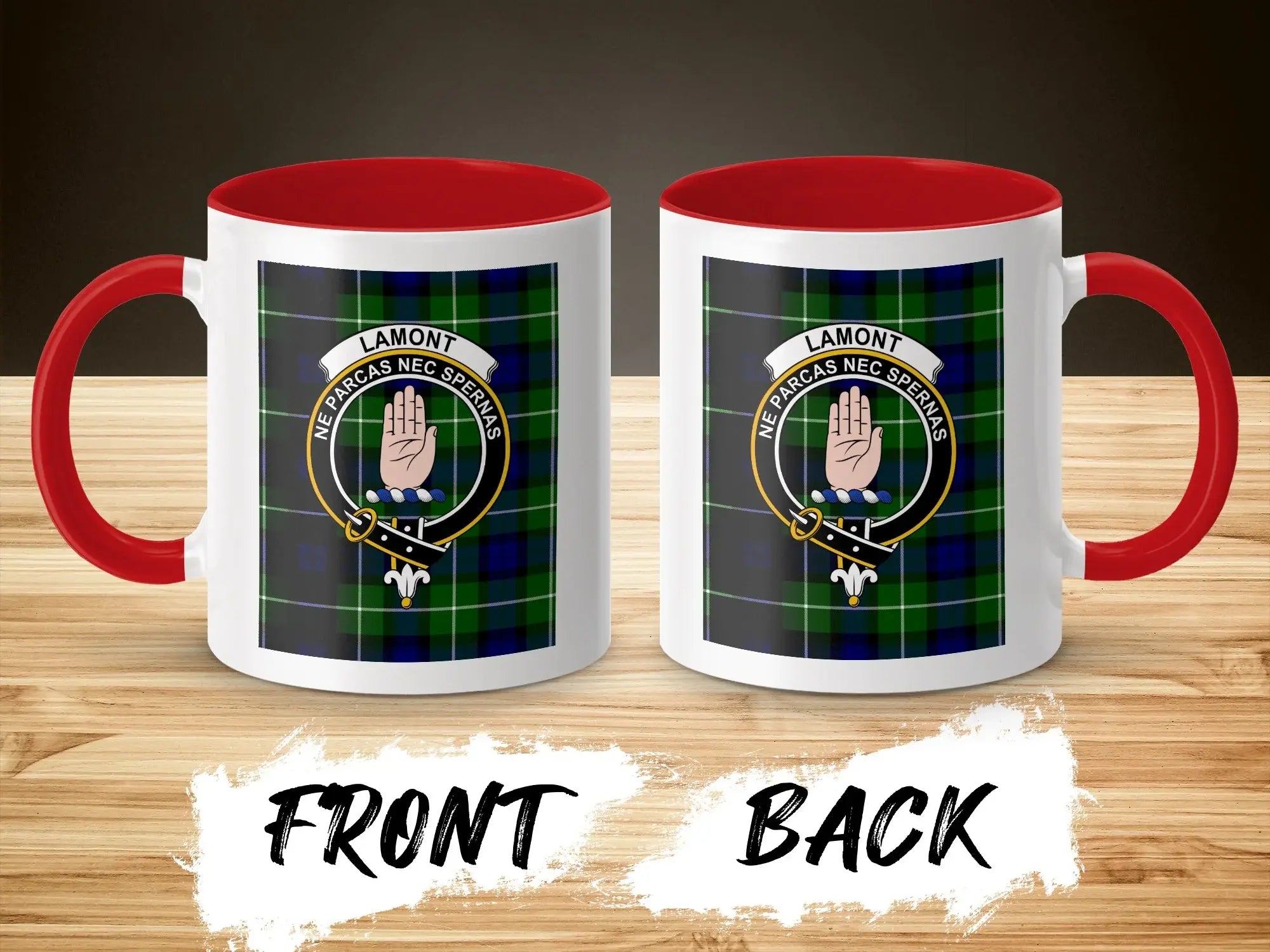 Lamont clan crest tartan design ceramic mug with red handle — clan design on 11oz glossy ceramic