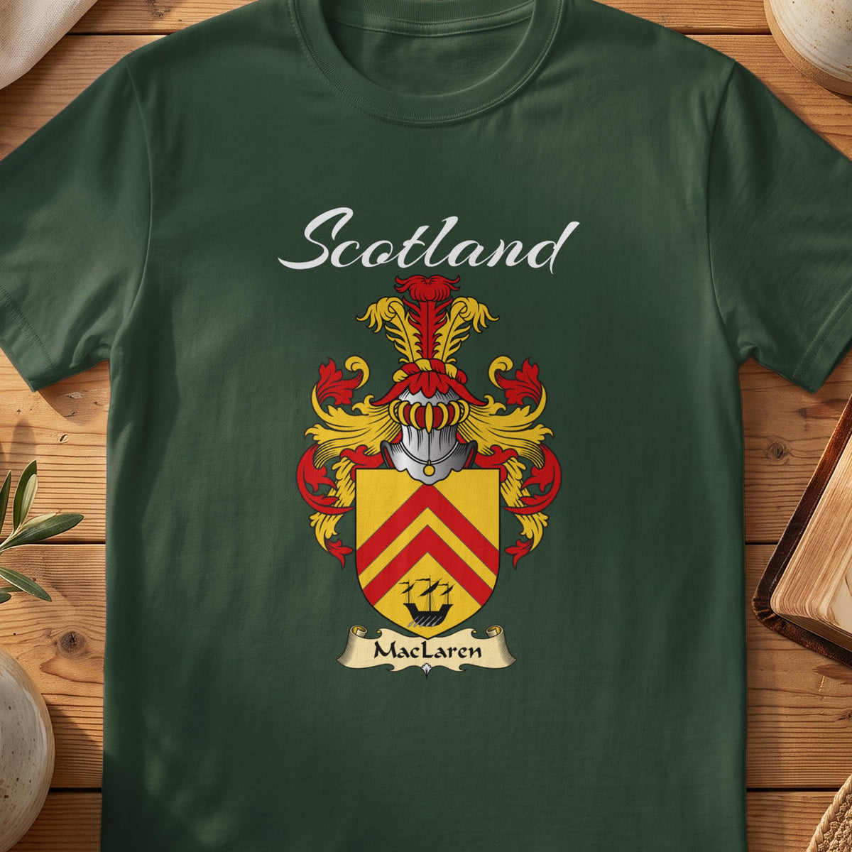 Forest Green MacLaren Scottish T-shirt featuring red chevrons on a gold shield