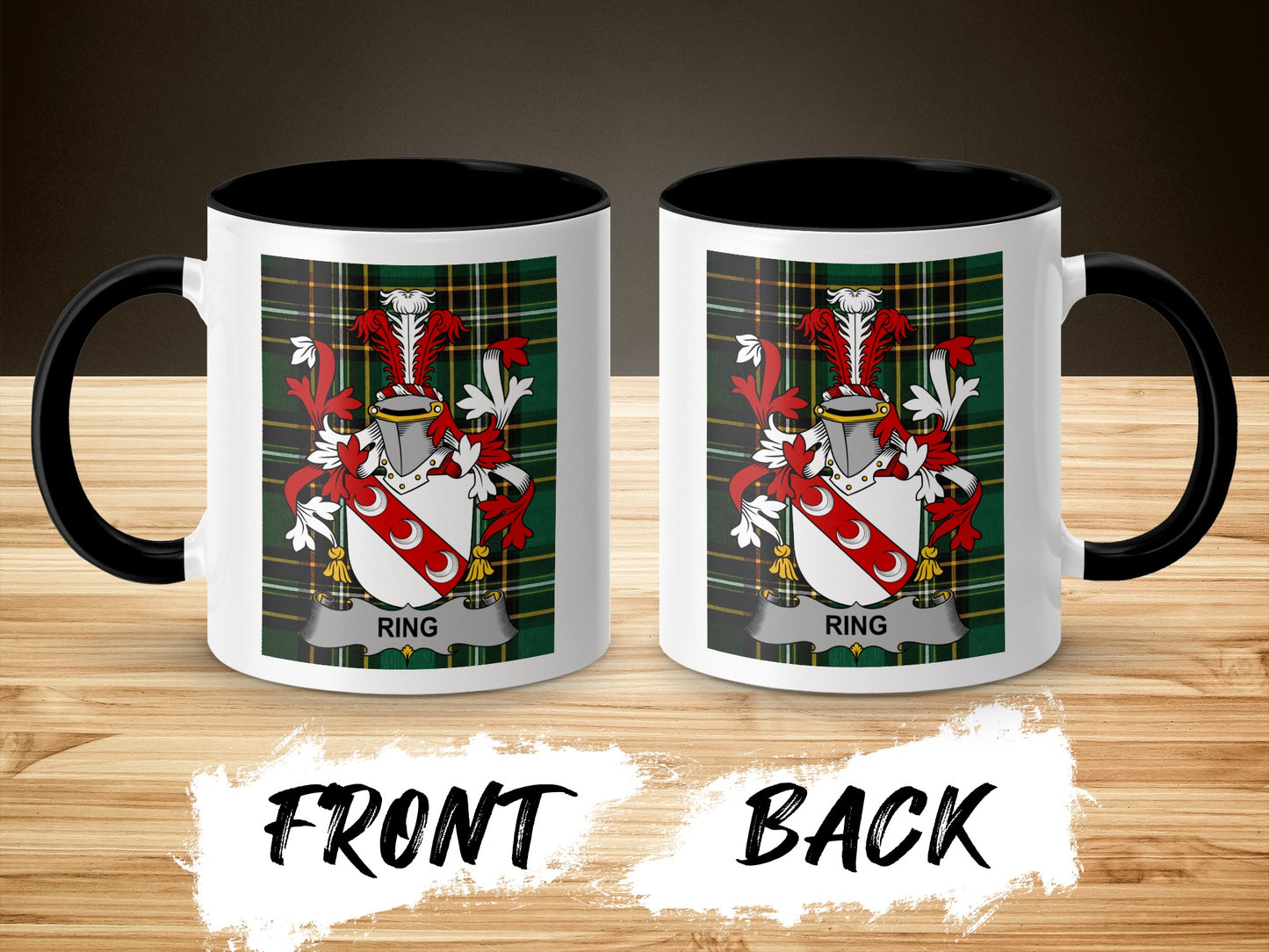 Two mugs side-by-side, each with the Ring family crest on a plaid background.