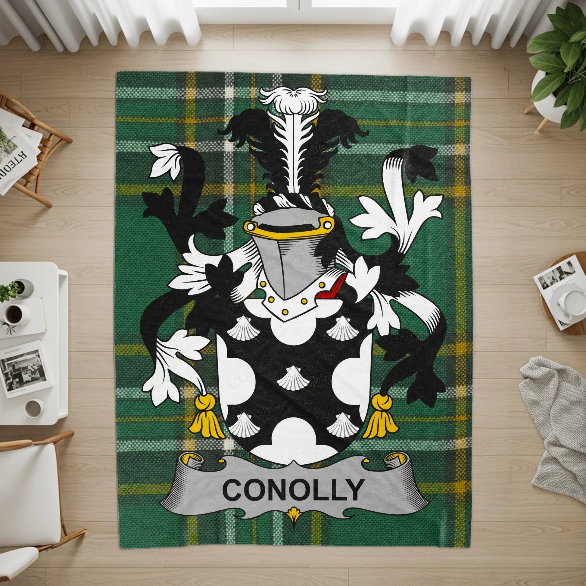 Conolly Family Crest with Plaid Background Rug product