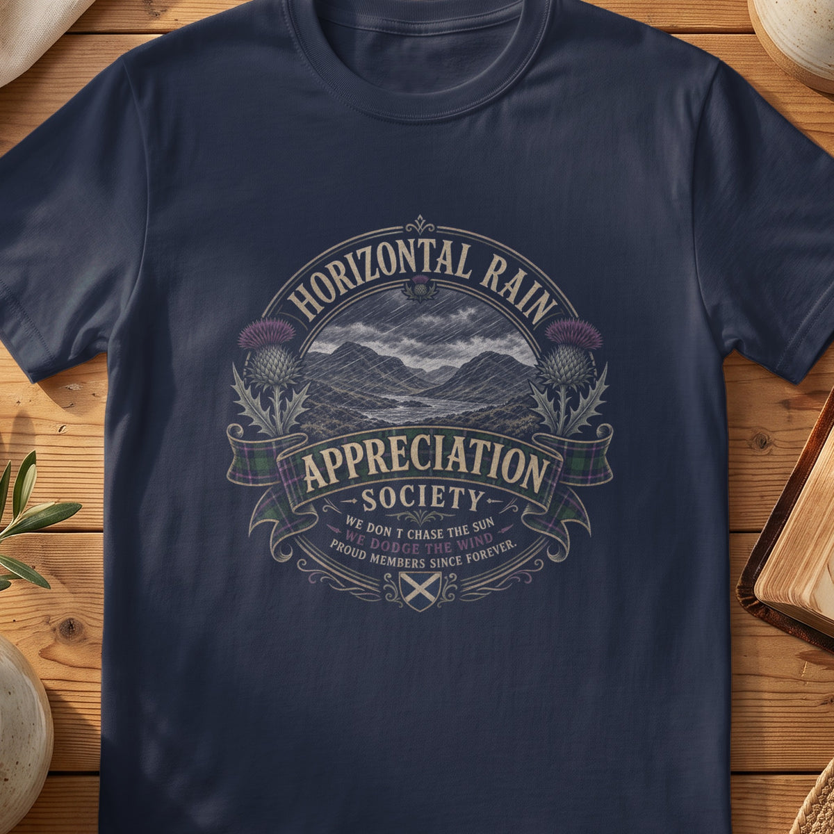Navy Gildan 64000 unisex T-shirt flatlay with Horizontal Rain Appreciation Society Scottish graphic design