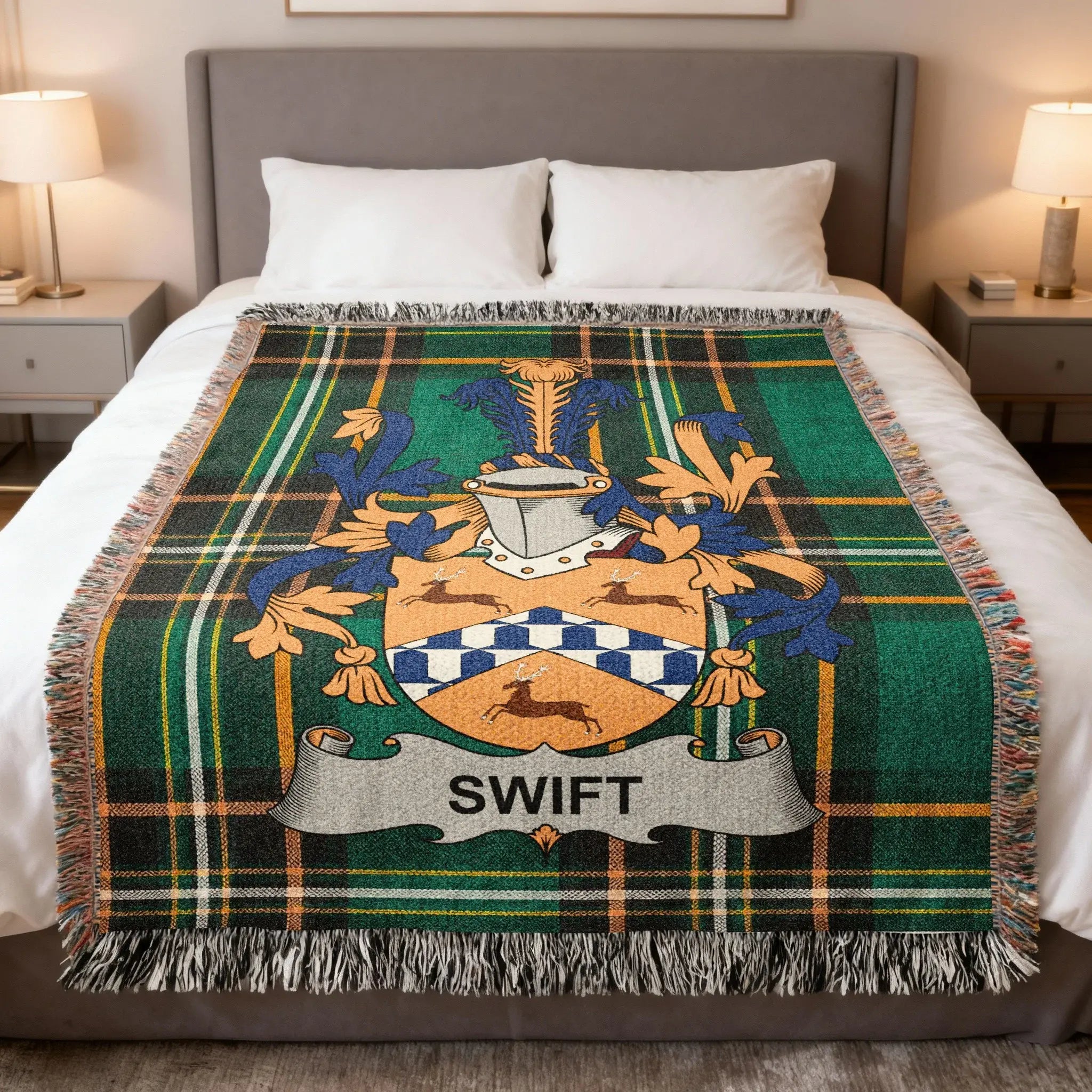 Tartan blanket with a family crest and "Swift" banner draped on a bed.