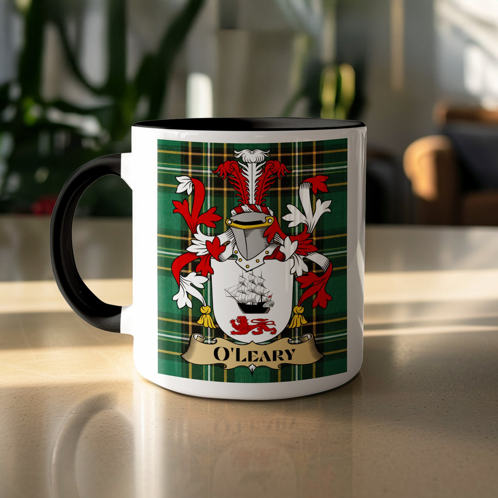 O'Leary family crest on Irish National Tartan mug — close-up