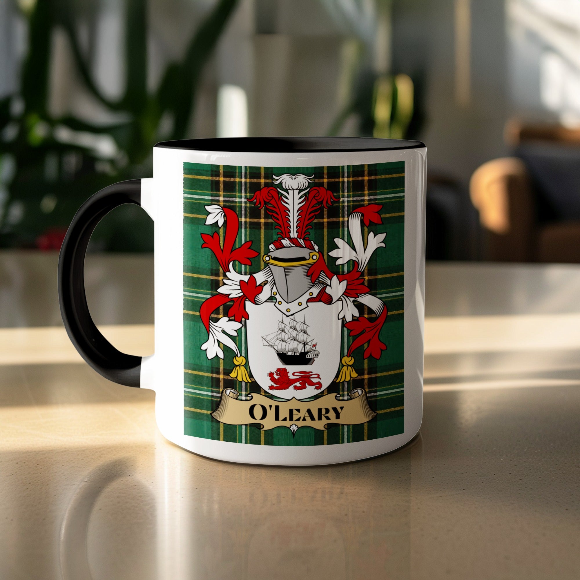 O'Leary family crest on Irish National Tartan mug — close-up