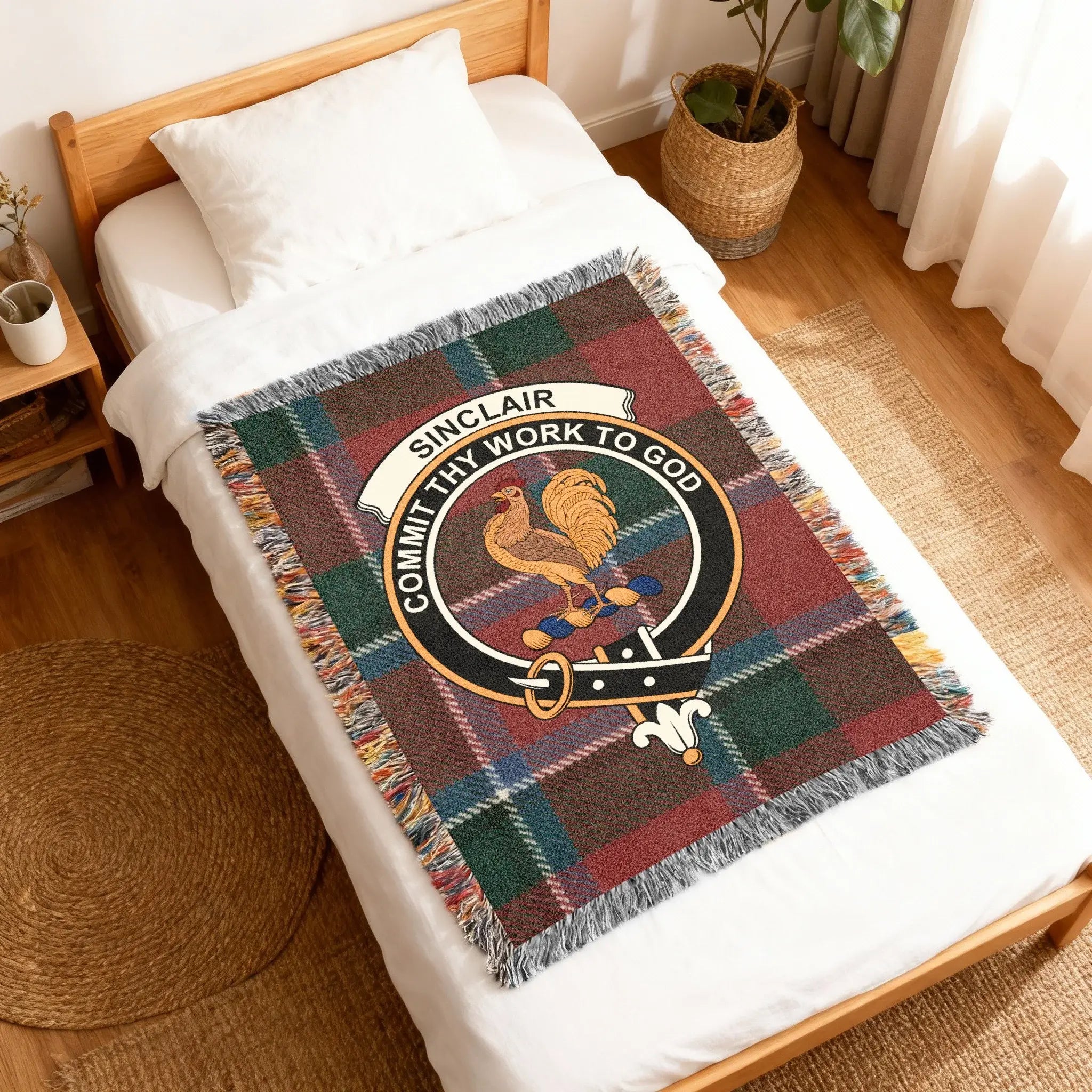 Sinclair commit thy work to god woven blanket — fringe edge and tartan pattern