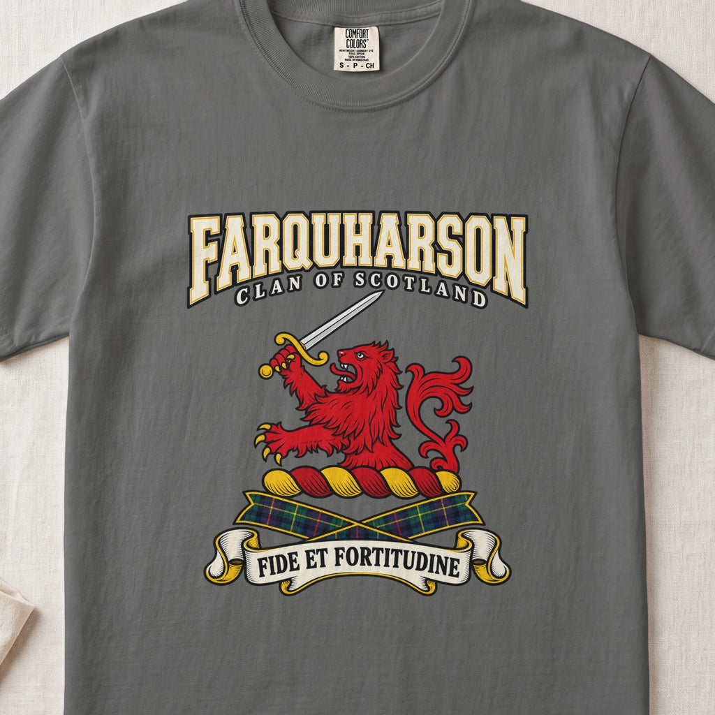 Farquharson Scottish clan graphic T-shirt in Pepper, front view