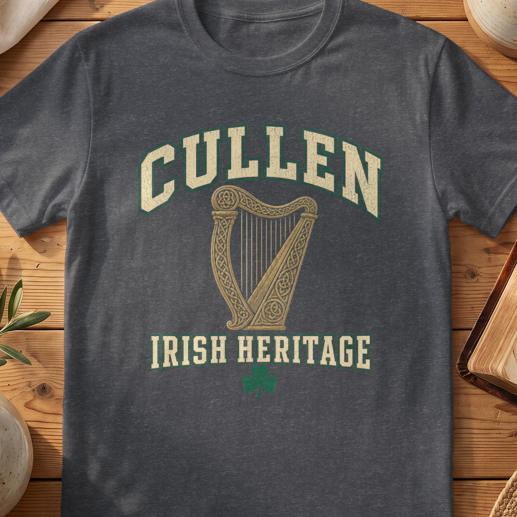 Cullen Irish Heritage dark heather gray Gildan 64000 T-shirt with Celtic harp design