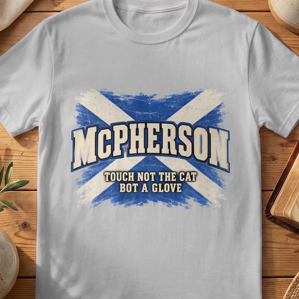 McPherson Scottish Saltire T-shirt in Sport Grey, with distressed blue and cream flag and “Touch Not the Cat Bot a Glove” lettering.