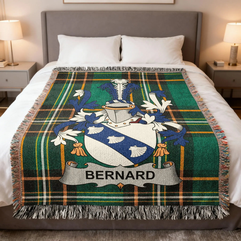 Bernard Irish family crest woven blanket with Irish tartan design and fringed edges