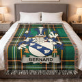 Bernard Irish family crest woven blanket with Irish tartan design and fringed edges