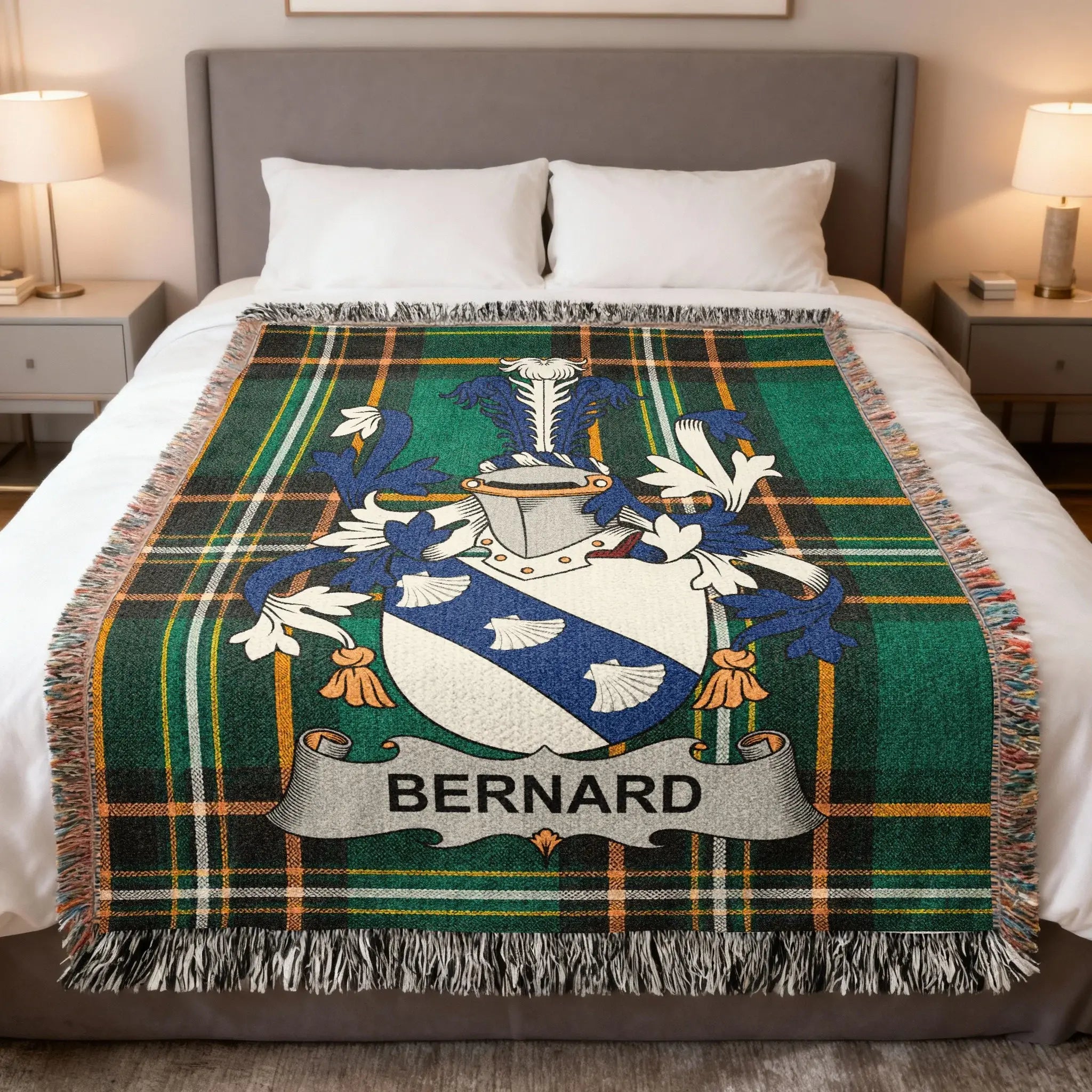 Bernard Irish family crest woven blanket with Irish tartan design and fringed edges