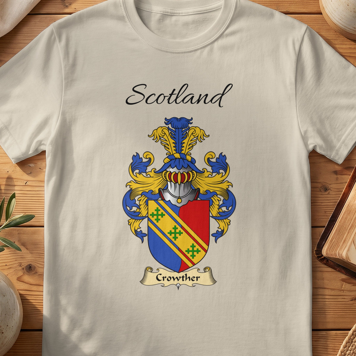 Sand Crowther Scottish family shield T-shirt featuring a gold diagonal band across red and blue