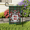 Tiernan Irish family crest garden flag on Irish National Tartan, garden view